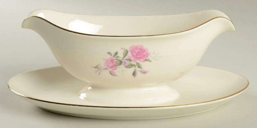 Honeymoon Rose Gravy Boat with Attached Underplate by Edgerton-1