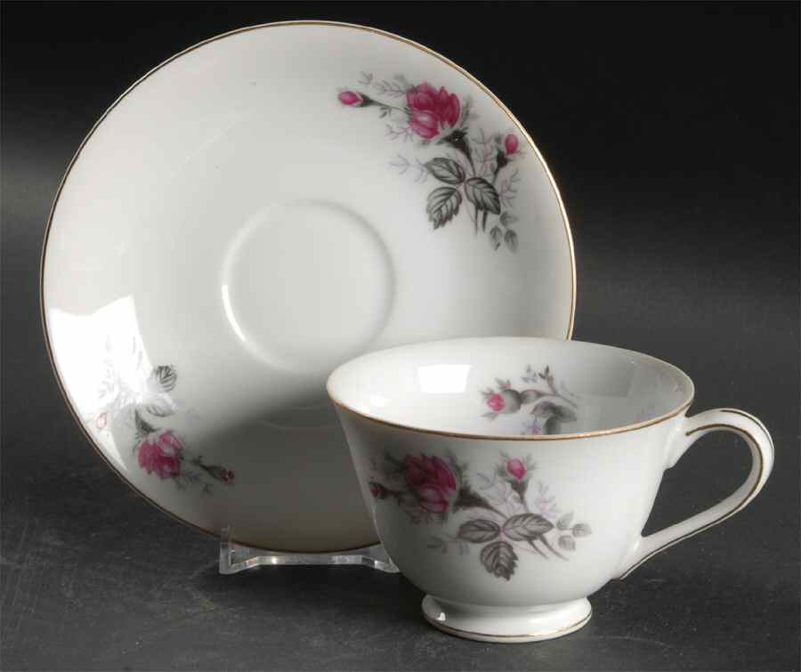 Gray Moss Rose (Smooth) Footed Cup & Saucer Set by Empress (Japan)-1