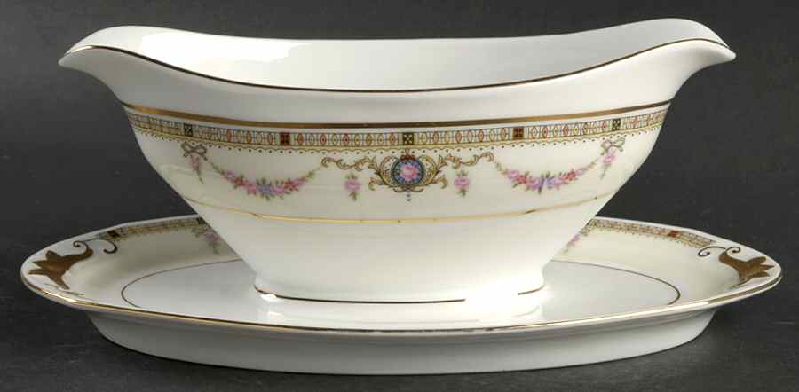 EAM21(WHITE RIM) Gravy Boat with Attached Underplate by E & A Muller-1