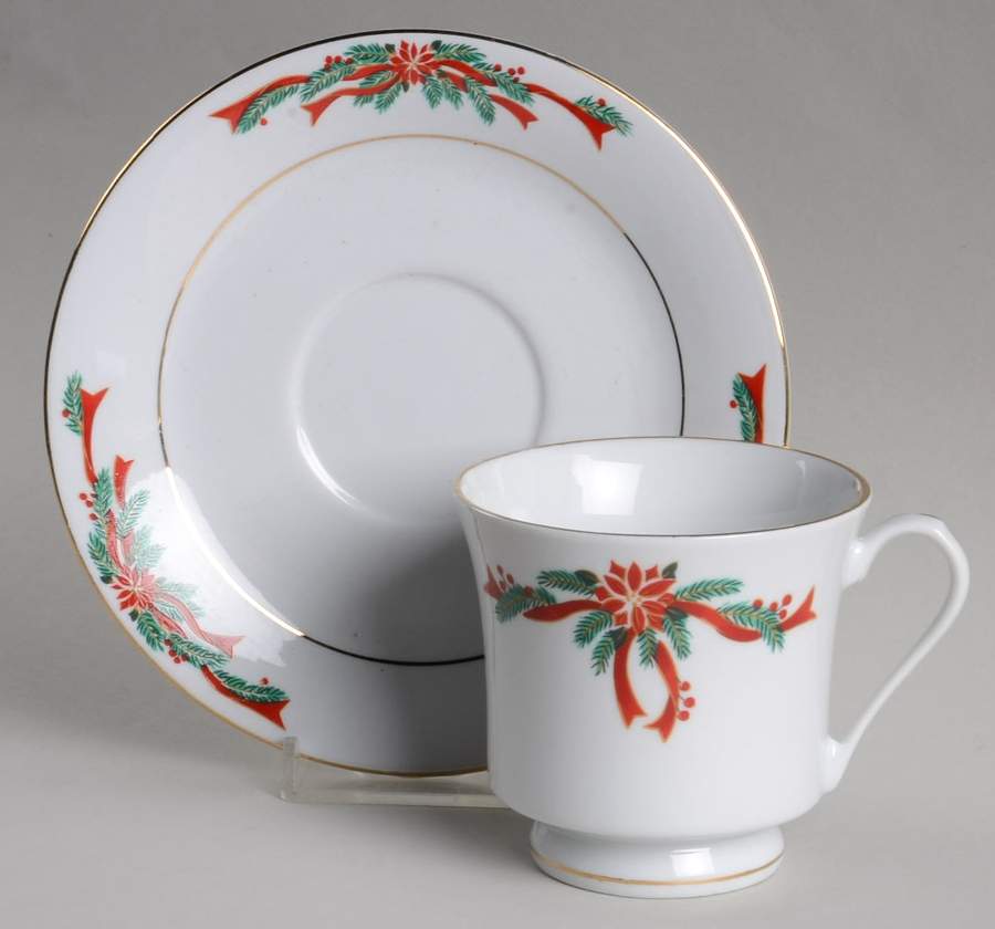 Poinsettia & Ribbon Footed Cup & Saucer Set by Fairfield-1