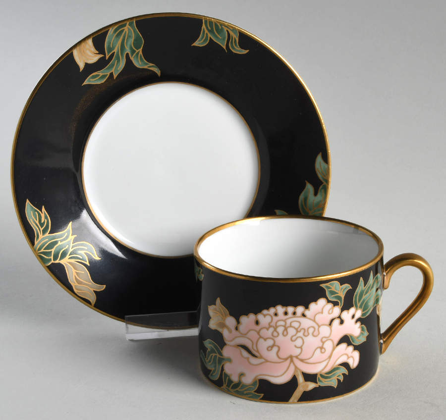 Cloisonne Peony Black Flat Cup & Saucer Set by Fitz and Floyd-1