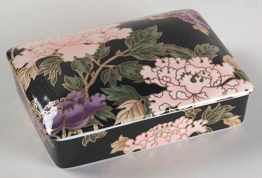 Cloisonne Peony Black Double Deck Playing Card Box & Lid by Fitz and Floyd-1