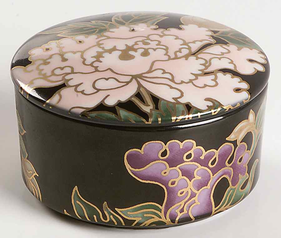 Cloisonne Peony Black 2" Round Box & Lid by Fitz and Floyd-1