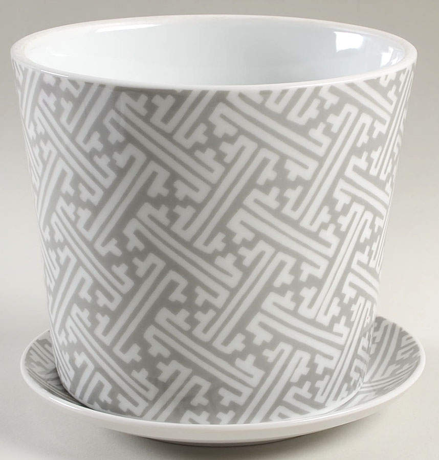 Oriental Geometric Gray 5" Flower Pot & Underplate by Fitz and Floyd-1
