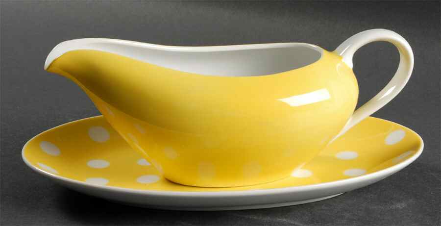 Polka Dots (White Dots on Yellow) Gravy Boat & Underplate/Relish by Fitz and Floyd-1