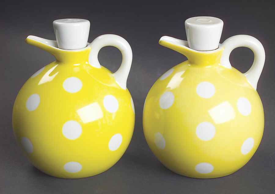 Polka Dots (White Dots on Yellow) Vinegar and Oil Set with "V" and "O" Stoppers by Fitz and Floyd-1
