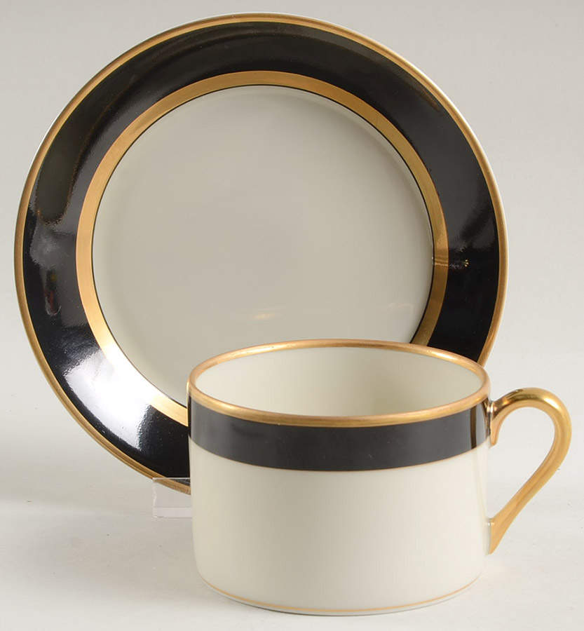 Renaissance Black On Buff Flat Cup & Saucer Set by Fitz and Floyd-1