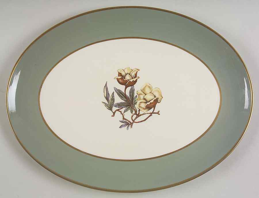 Avalon Sage Green (Gold Trim) 14" Oval Serving Platter by Flintridge-1