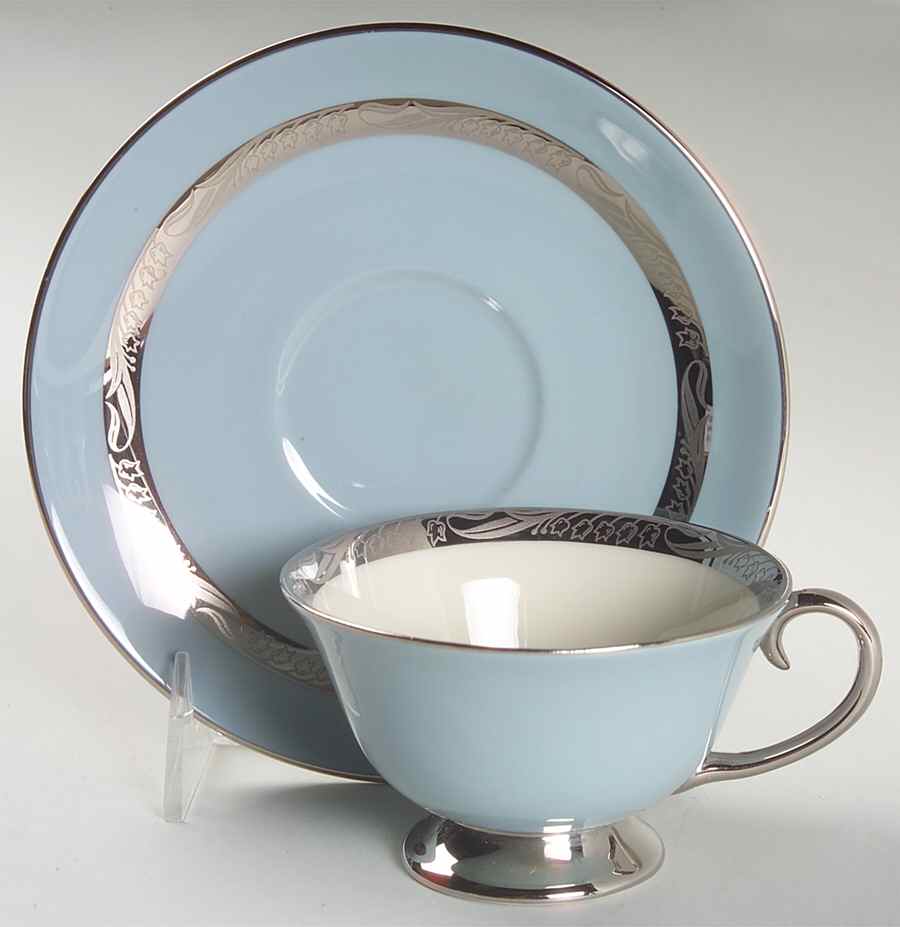 Bridal Wreath Strata Blue (Rim) Footed Cup & Saucer Set by Flintridge-1