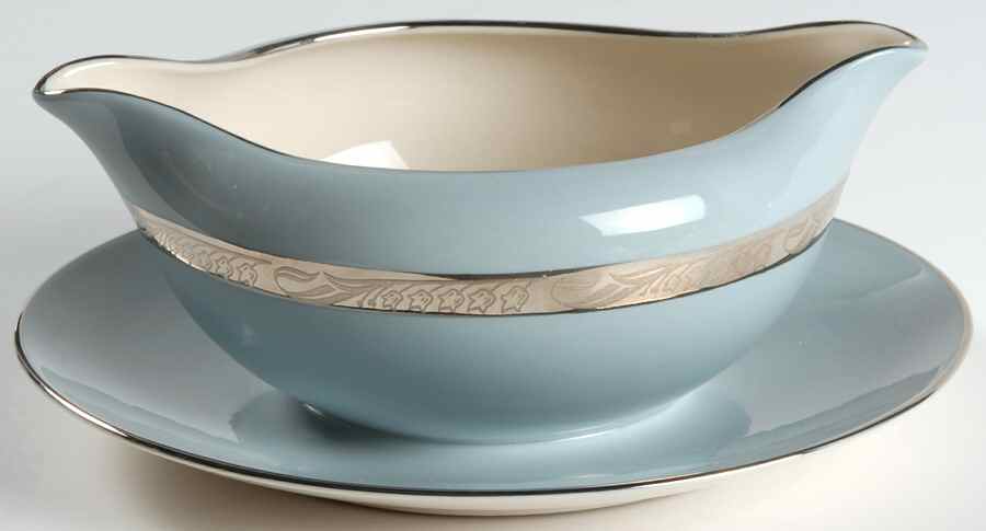 Bridal Wreath Strata Blue (Rim) Gravy Boat with Attached Underplate by Flintridge-1