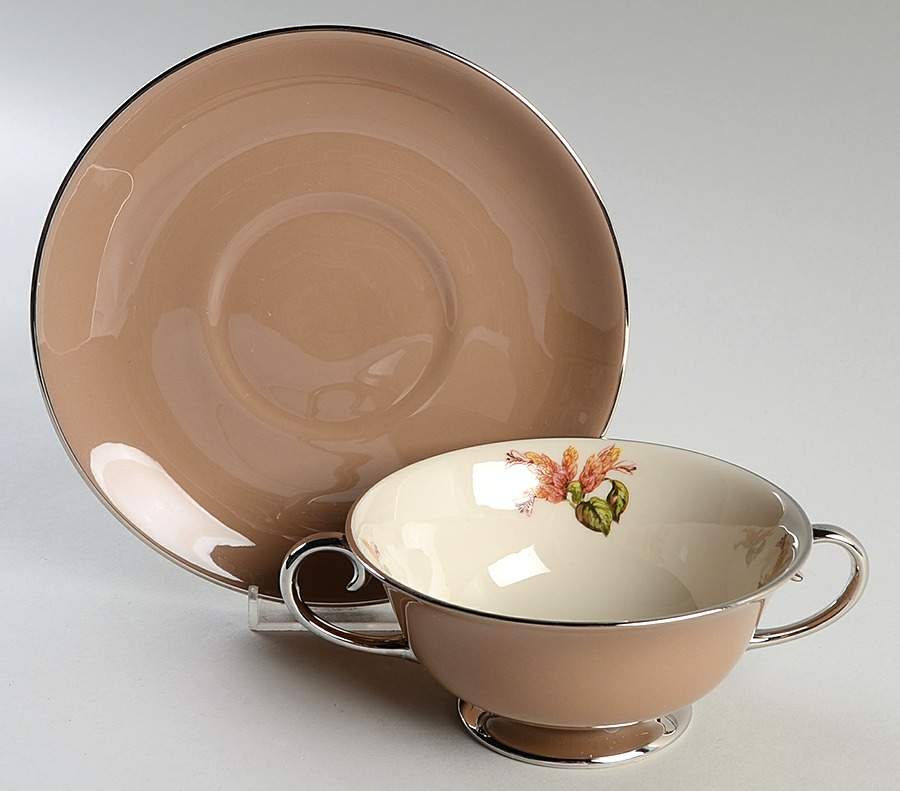 Cambria Cocoa (Platinum Trim) Footed Cream Soup Bowl & Saucer Set by Flintridge-1