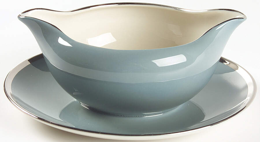 Contessa Peacock Blue (Platinum Trim, Coupe) Gravy Boat with Attached Underplate by Flintridge-1