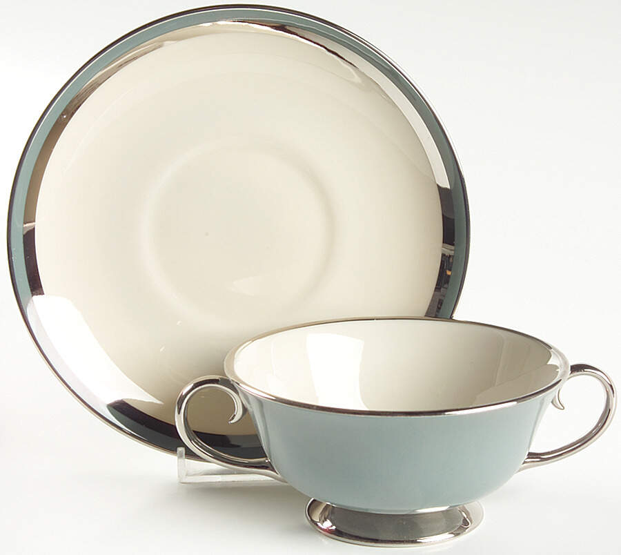 Contessa Peacock Blue (Platinum Trim, Coupe) Footed Cream Soup Bowl & Saucer Set by Flintridge-1
