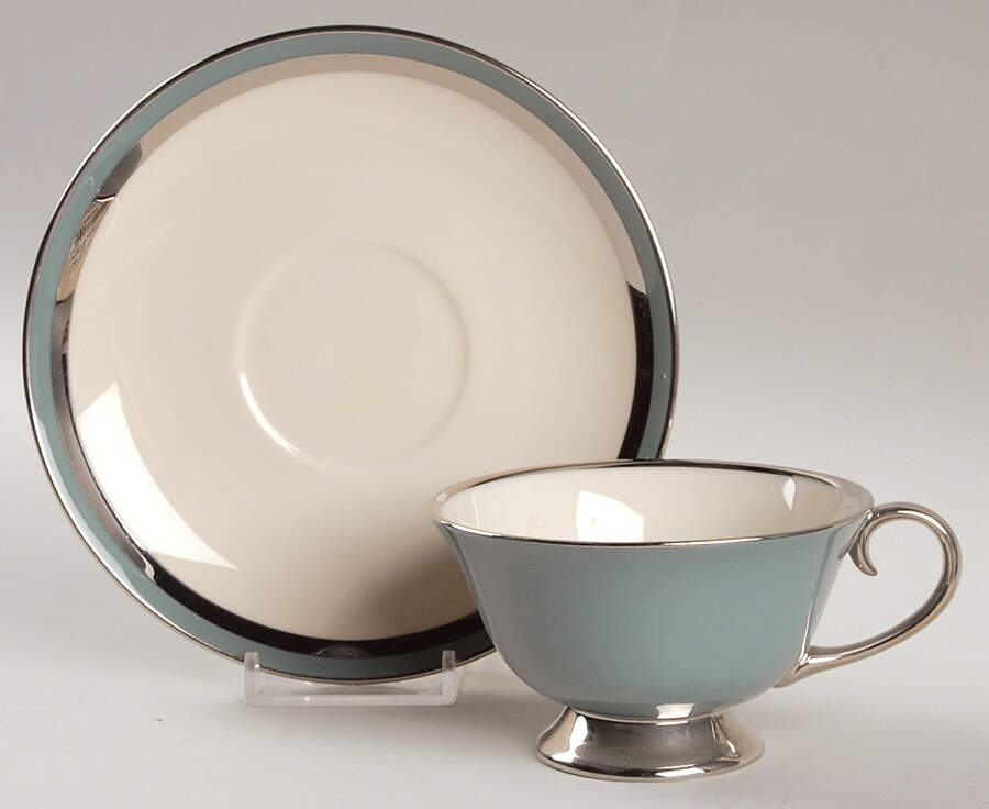 Contessa Peacock Blue (Platinum Trim, Coupe) Footed Cup & Saucer Set by Flintridge-1