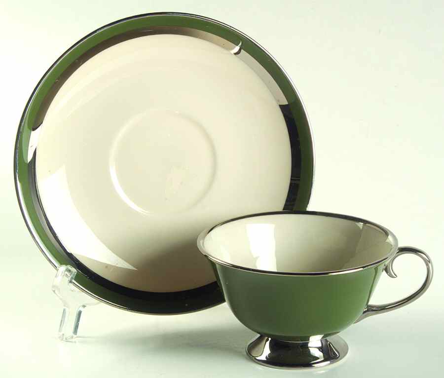 Contessa Spanish Green (Platinum Trim, Rim) Footed Cup & Saucer Set by Flintridge-1