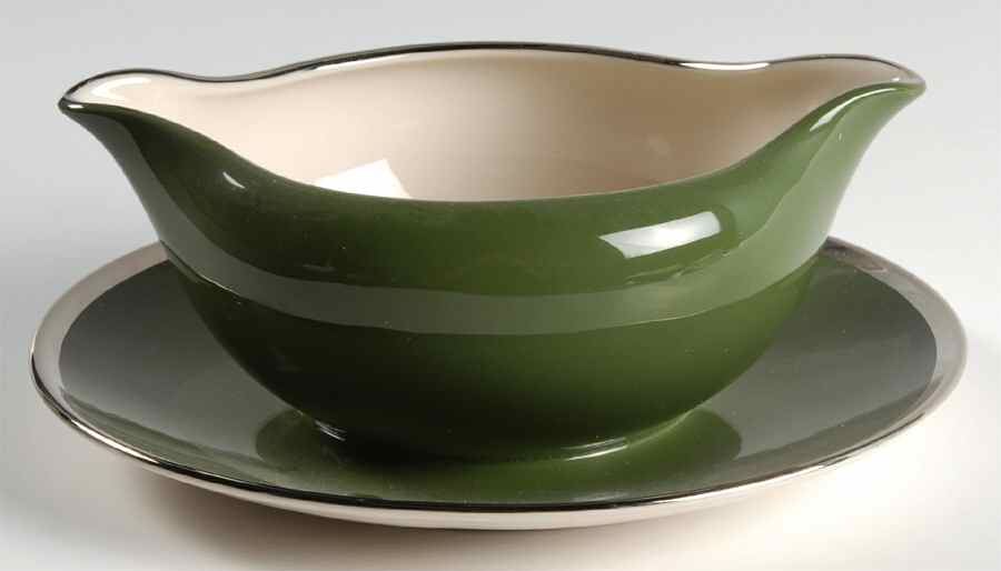 Contessa Spanish Green (Platinum Trim, Rim) Gravy Boat with Attached Underplate by Flintridge-1