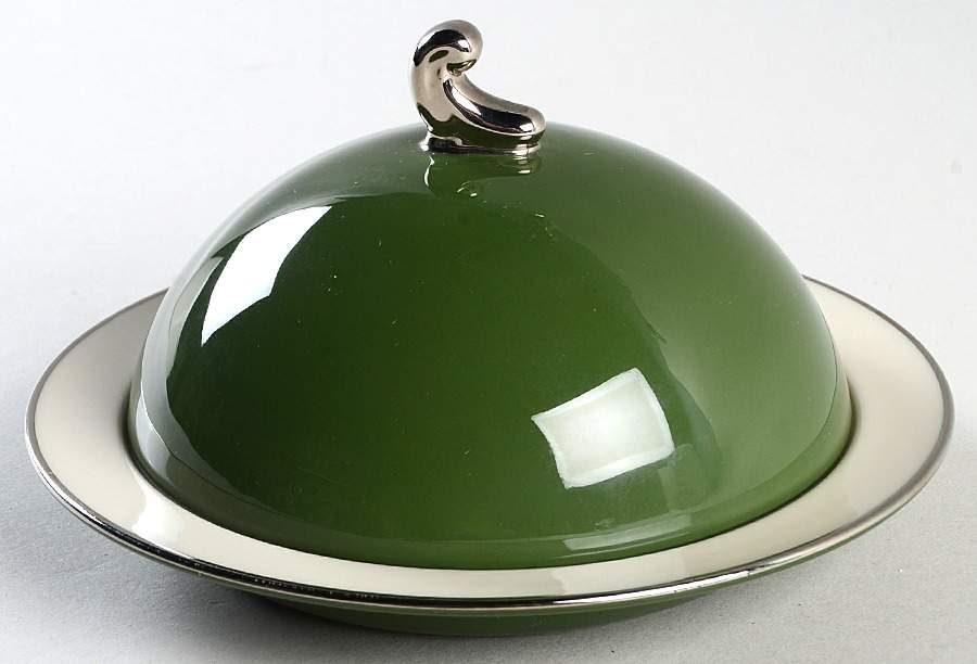 Contessa Spanish Green (Platinum Trim, Rim) Round Covered Butter by Flintridge-1