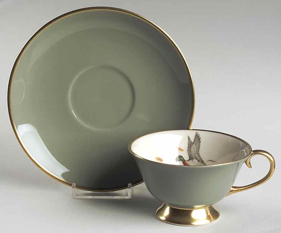 Game Birds Sage Green (Gold Trim, Rim) Footed Cup & Saucer Set by Flintridge-1