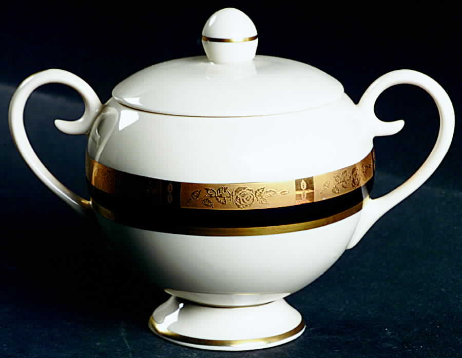 Georgian Rose Black (Gold Trim, Rim) Sugar Bowl & Lid by Flintridge-1