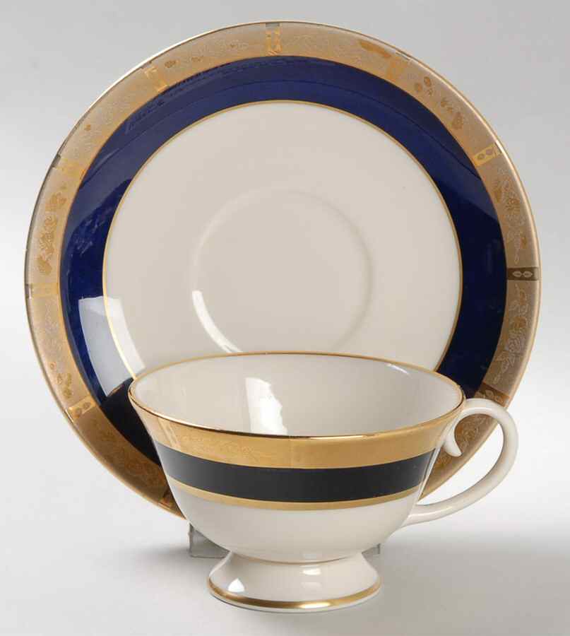 Georgian Rose Cobalt Blue (.35 Gold Band) Footed Cup & Saucer Set by Flintridge-1