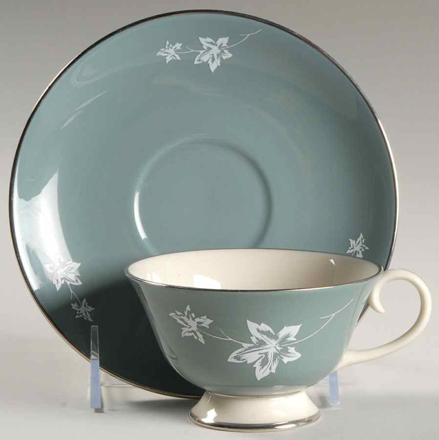 Misty Leaf Peacock Blue Footed Cup & Saucer Set by Flintridge-1