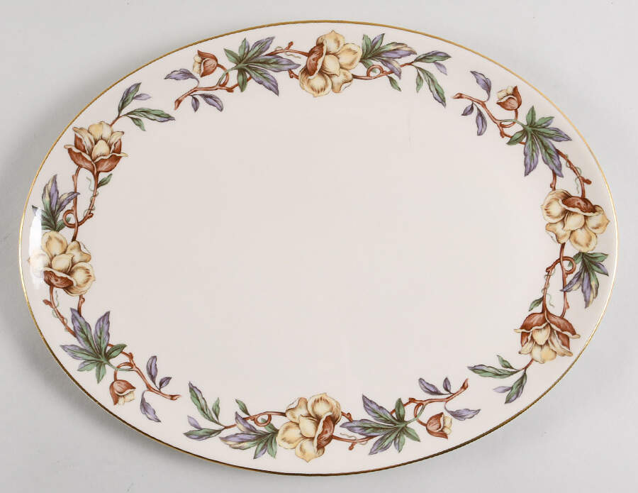 Woodrose No Color Band (Gold Trim, Rim) 13" Oval Serving Platter by Flintridge-1