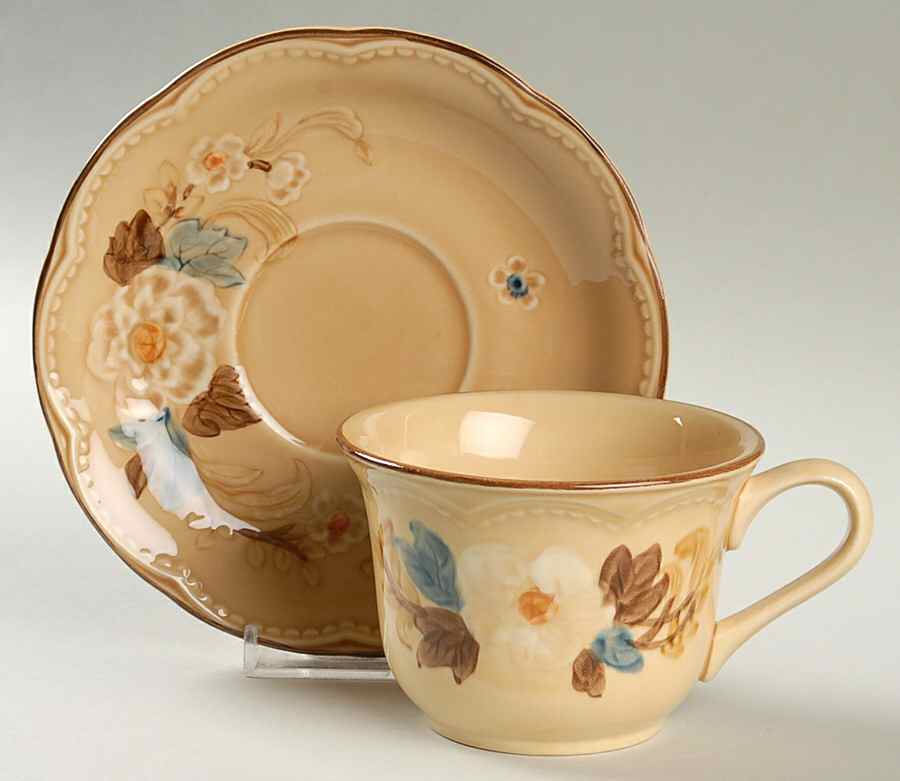 Bouquet (Tan Background) Flat Cup & Saucer Set by Franciscan-1