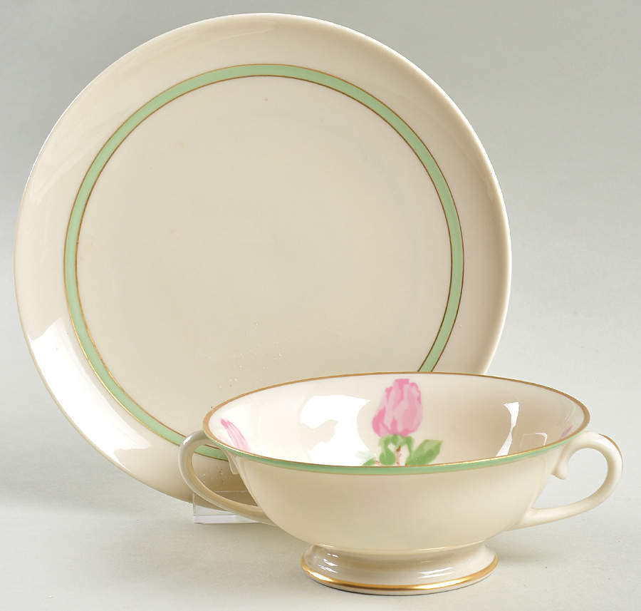 Cherokee Rose Green Band Footed Cream Soup Bowl & Saucer Set by Franciscan-1