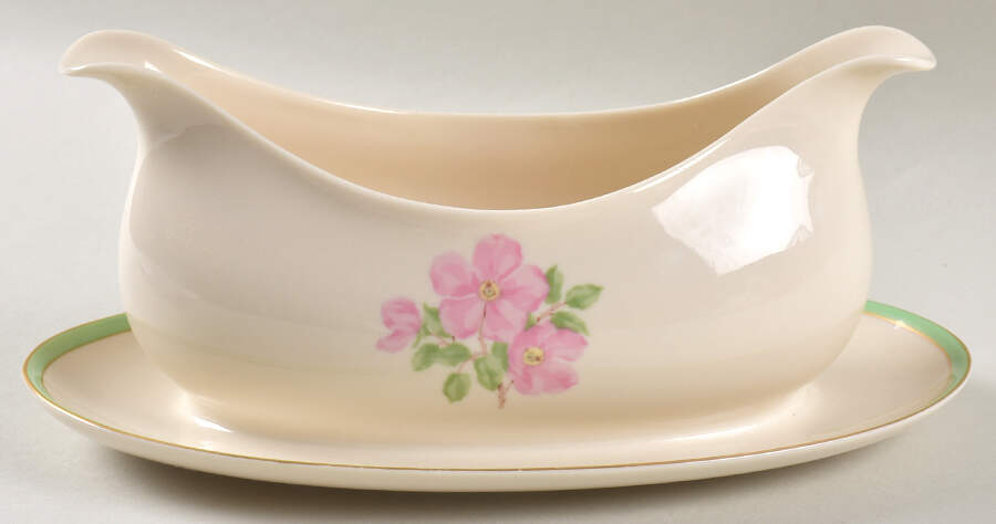 Cherokee Rose Green Band Gravy Boat with Attached Underplate by Franciscan-1