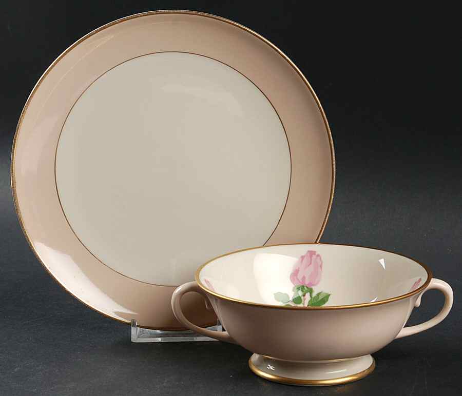 Cherokee Rose (Thin Gold Band, Palomino Shape) Footed Cream Soup Bowl & Saucer Set by Franciscan-1