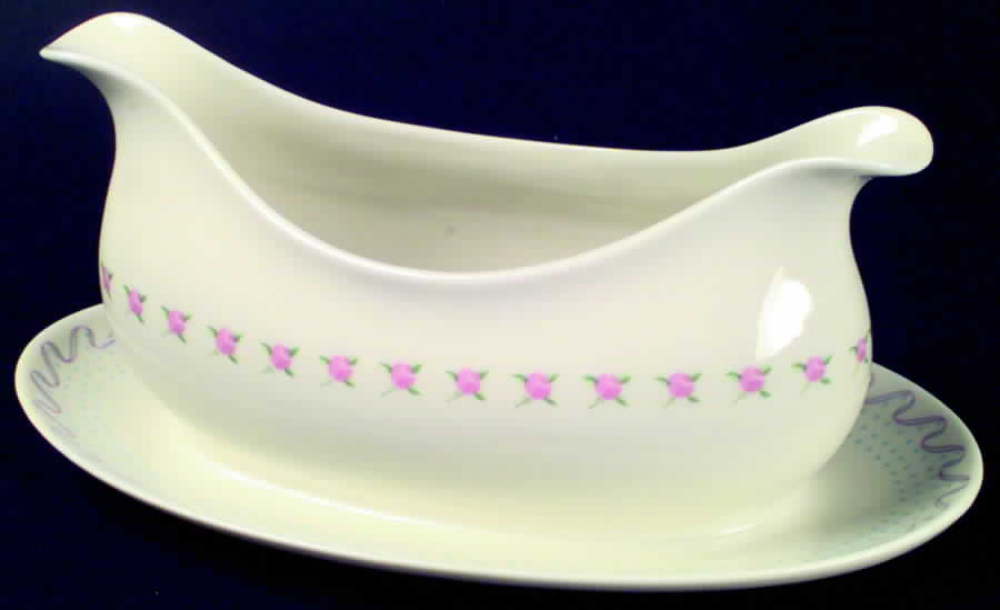 Crinoline (Pink & Blue) Gravy Boat with Attached Underplate by Franciscan-1