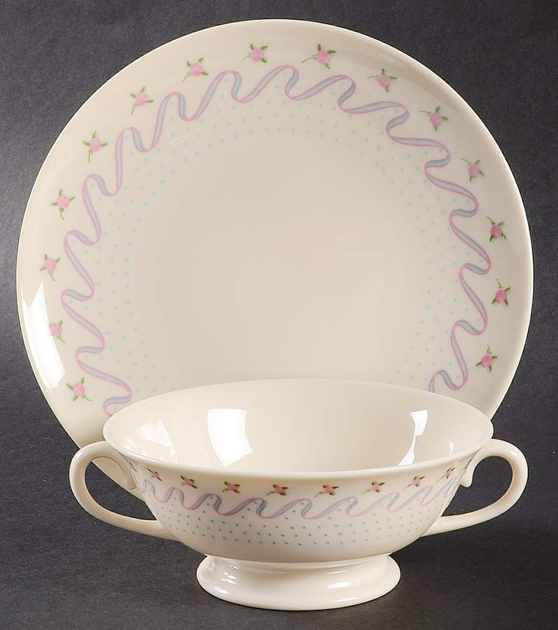 Crinoline (Pink & Blue) Footed Cream Soup Bowl & Saucer Set by Franciscan-1