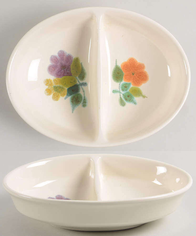 Floral (USA, Rim Shape) 10" Oval Divided Vegetable Bowl by Franciscan-1