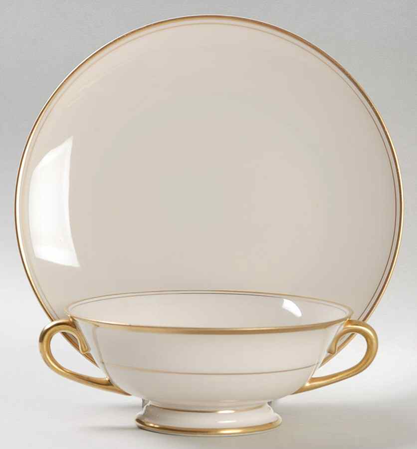 Gold Band (301 Merced Rim) Footed Cream Soup Bowl & Saucer Set by Franciscan-1