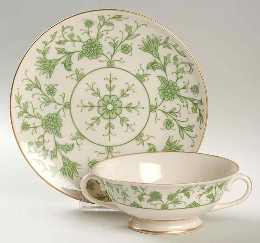 Lorraine Green Footed Cream Soup Bowl & Saucer Set by Franciscan-1