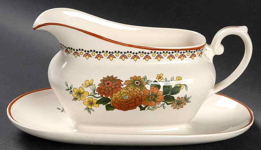 Mandalay (Rust & Yellow Floral) Gravy Boat with Attached Underplate by Franciscan-1