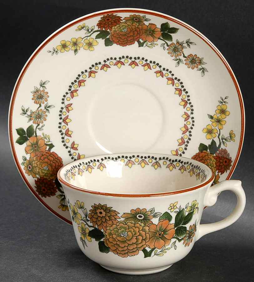 Mandalay (Rust & Yellow Floral) Flat Cup & Saucer Set by Franciscan-1