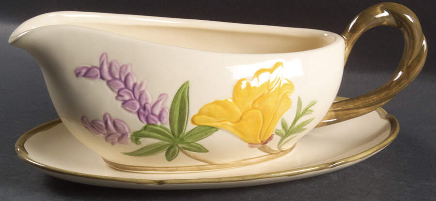 Poppy (Yellow & Purple Flowers) Gravy Boat & Underplate/Relish by Franciscan-1