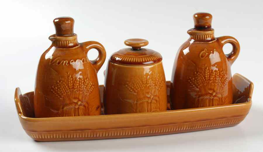 Wheat Golden Brown (Harvest) 4 Pcs Condiment Set (Oil, Vinger, Mustard & Tray) by Franciscan-1