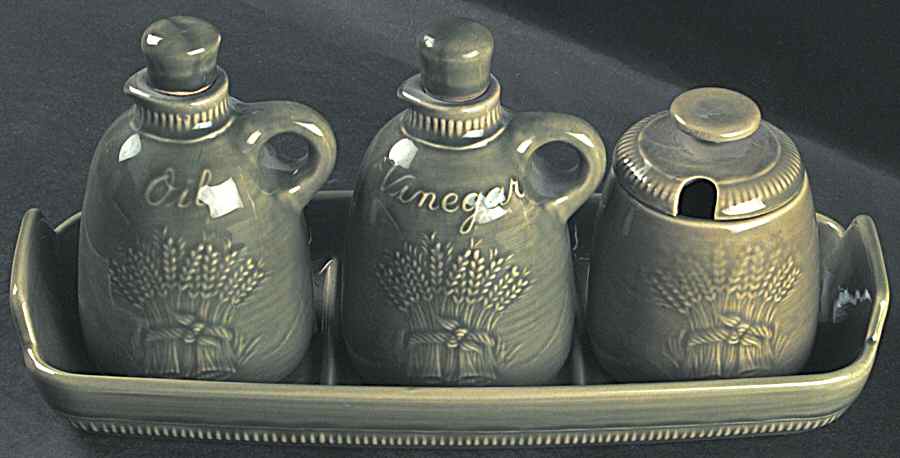 Wheat Green (Winter Green) 4 Pcs Condiment Set (Oil, Vinger, Mustard & Tray) by Franciscan-1