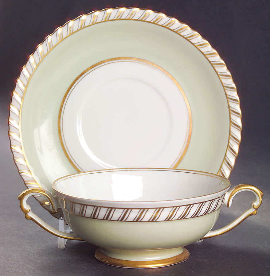 Celadonia Green Footed Cream Soup Bowl & Saucer Set by Franconia-Krautheim & Adelburg-1