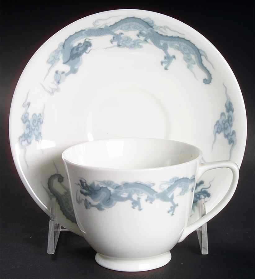 Dragon Blue and Gray Footed Cup & Saucer Set by Fukagawa-1