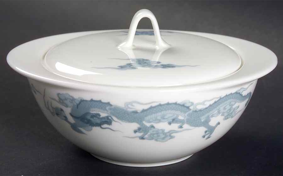 Dragon Blue and Gray Sugar Bowl & Lid by Fukagawa-1