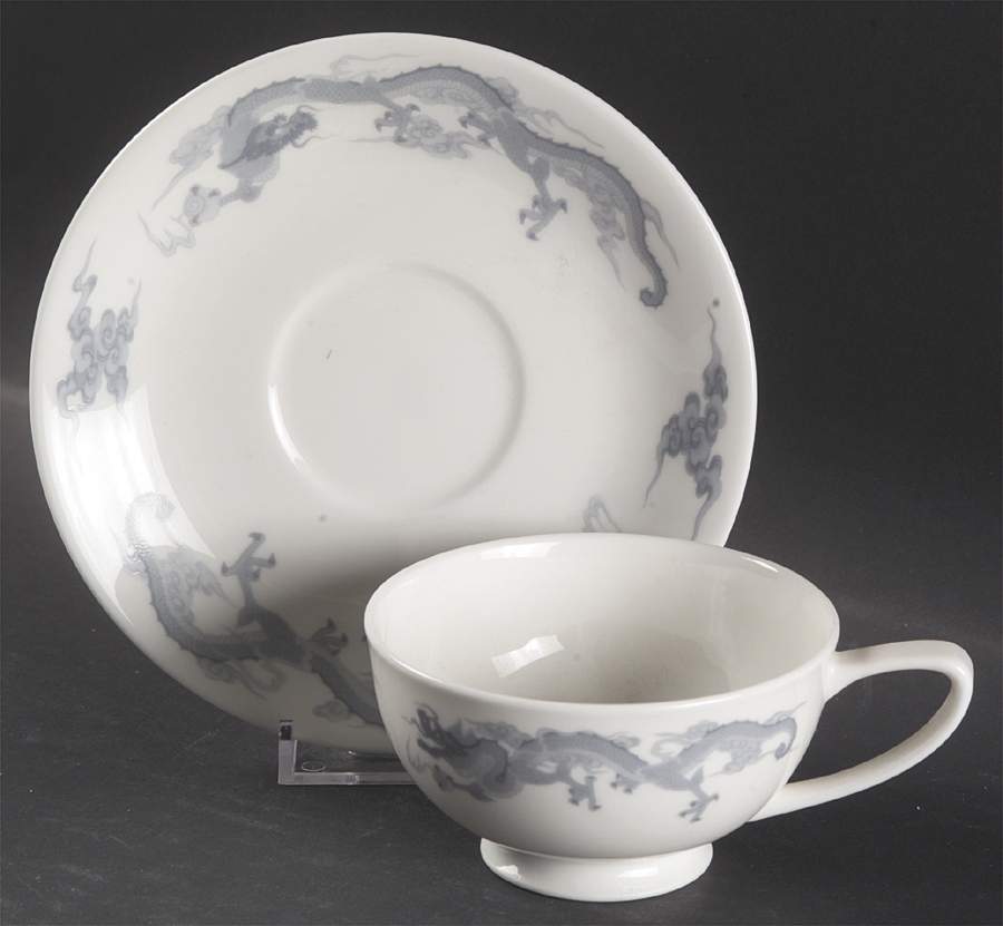 Dragon Blue and Gray Footed Cup & Saucer Set by Fukagawa-1