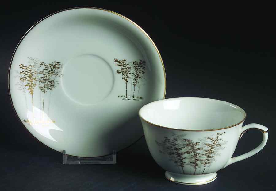 Gold Bamboo Footed Cup & Saucer Set by Fukagawa-1