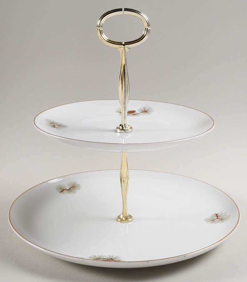 Pine Cone (Coupe Shape) 6 5/8"-10"  2 Tiered Serving Tray (Dp, Sp) HC by Fukagawa-1
