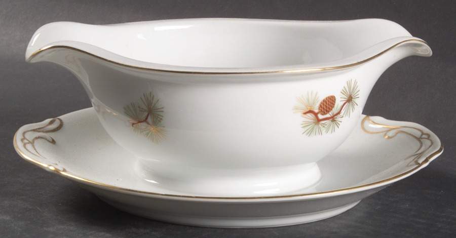 Pine Cone (Rim Shape) Gravy Boat with Attached Underplate by Fukagawa-1