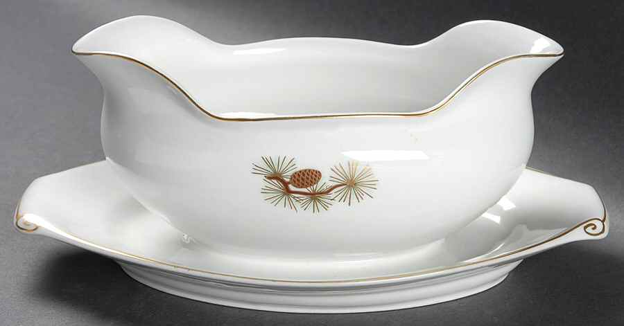 Pine Cone (Rim Shape) Gravy Boat with Attached Underplate by Fukagawa-1