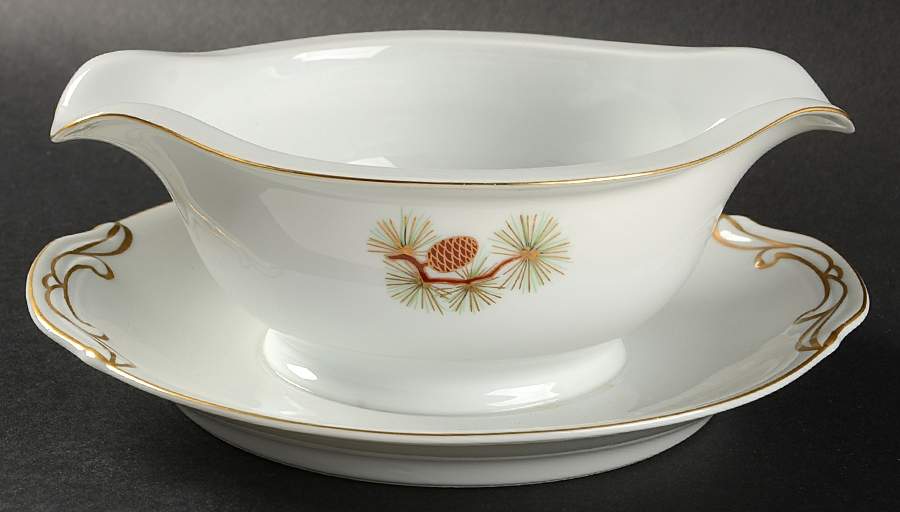 Pine Cone (Rim Shape) Gravy Boat with Attached Underplate by Fukagawa-1
