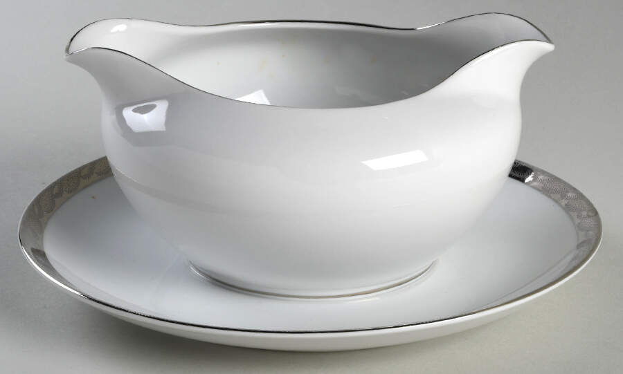 Silver Lichen Gravy Boat with Attached Underplate by Fukagawa-1
